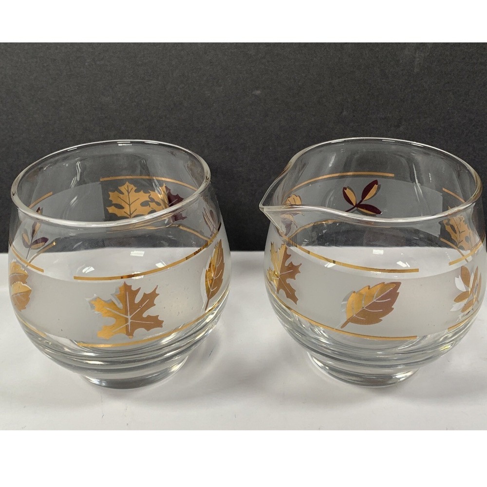 Libbey Glass Creamer Sugar Bowl Set Frosted Leaf Design Gold Trim Retro Vintage